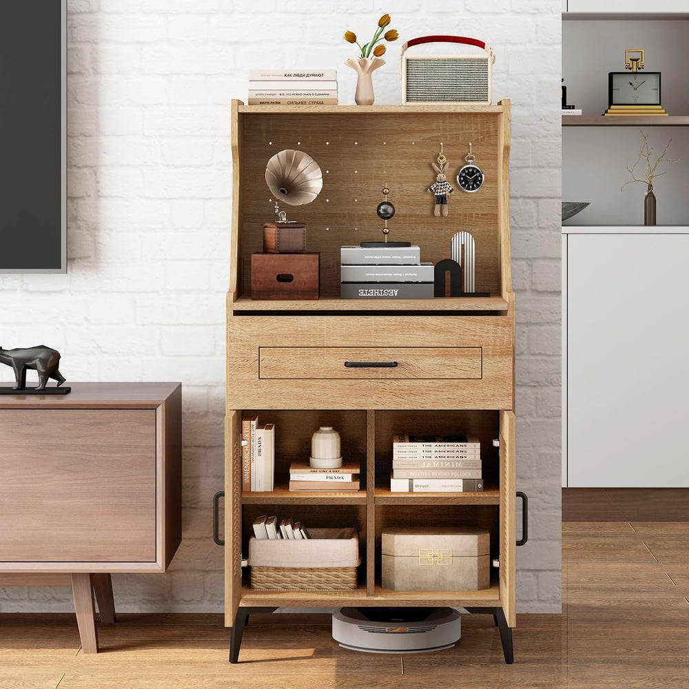 LDAILY Kitchen Pantry Cabinet, Rattan Buffet Cabinet with Hutch, DIY Pegboard...