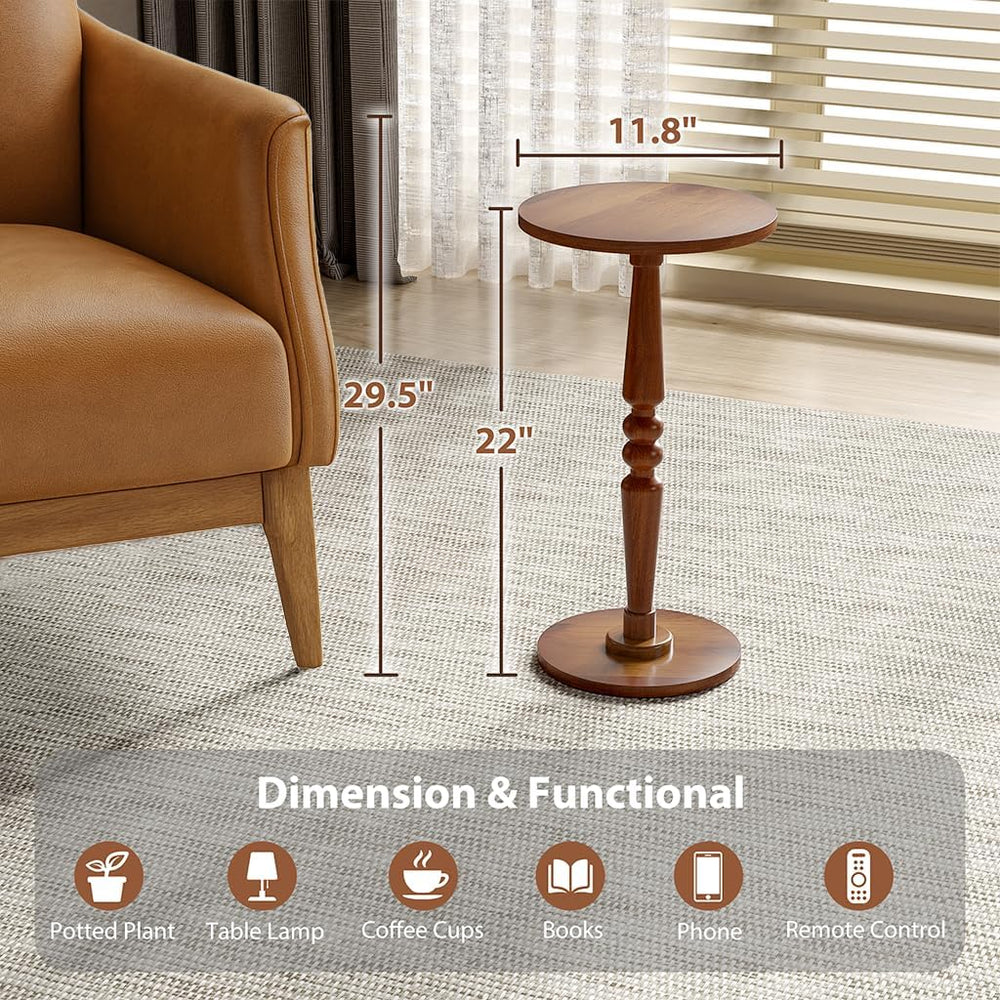 Small Wood Round Side Table - Accent Nightstand Pedestal Table for Living Roo...