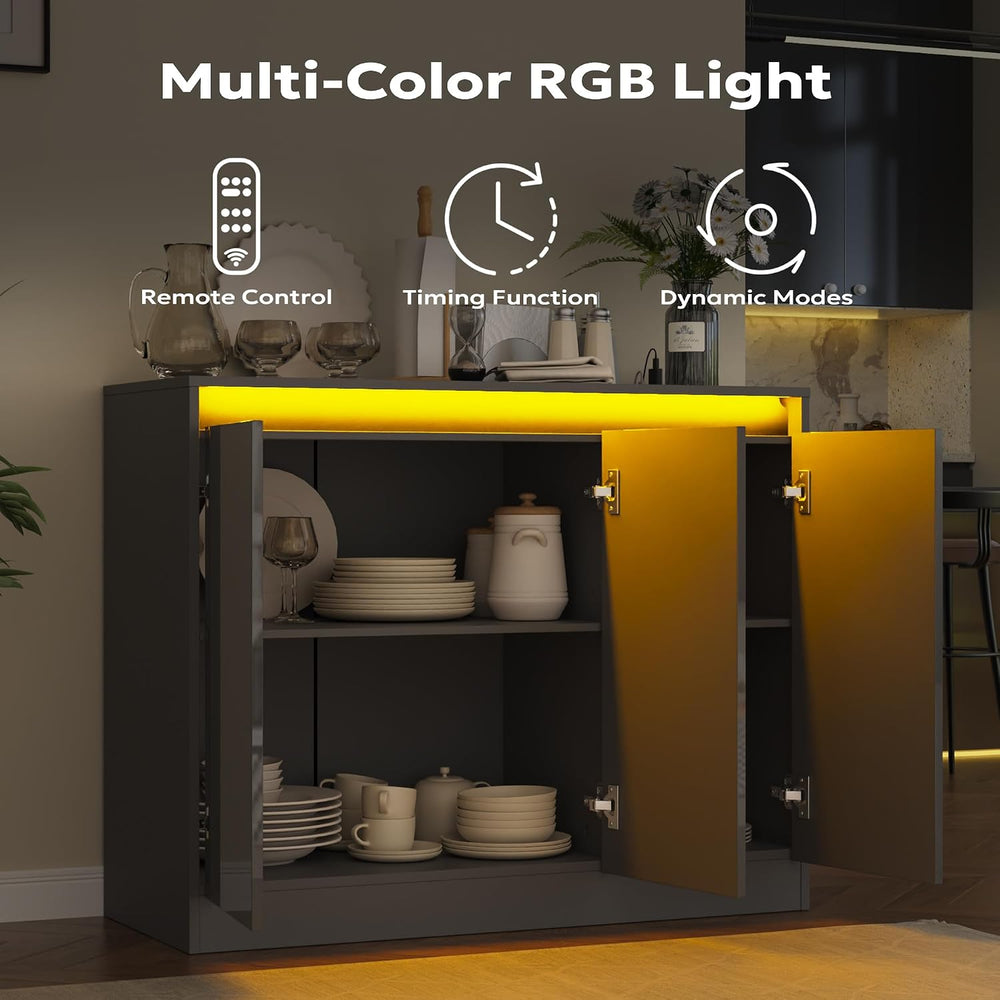 Furnify High Gloss Buffet Cabinet with LED Lights, Modern Sideboard Coffee Ba...
