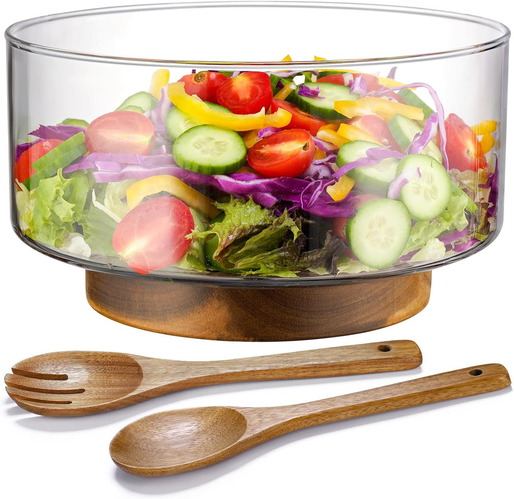 NiHome Glass Salad Bowl with Acacia Wood Salad Tongs, Large Capacity Design w...
