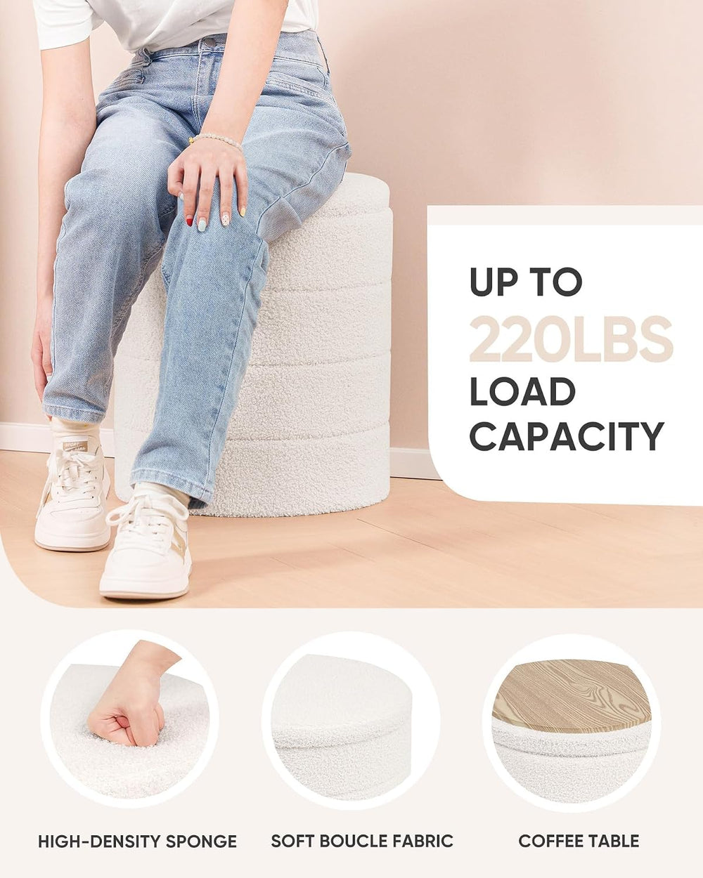 B FSOBEIIALEO Ottoman with Stroage, Round Sherpa Storage Ottoman Stool, Boucl...