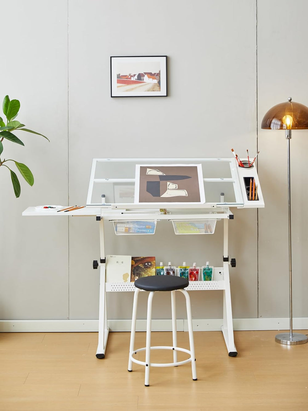 Dancongtea White Adjustable Glass Drafting Table with Chair for Artists | Sli...