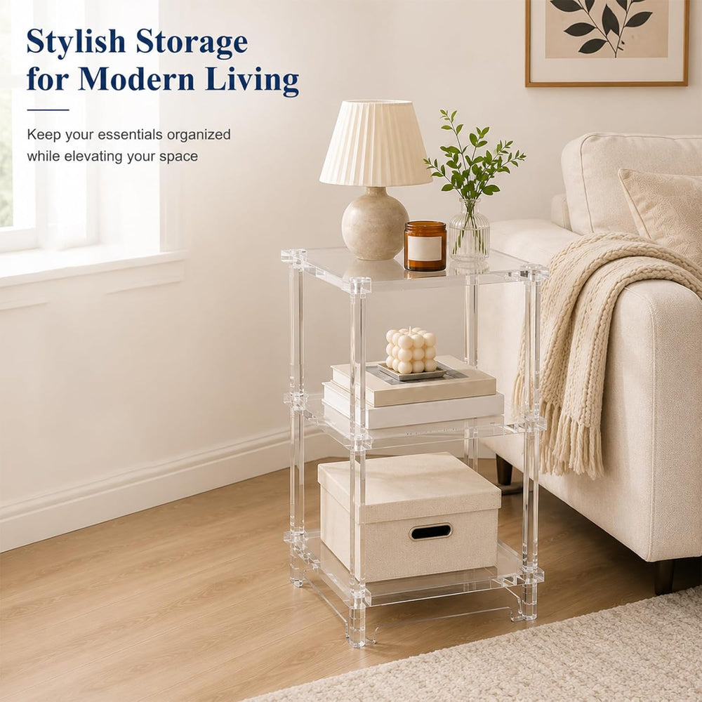 Thick Acrylic Side Shelf Table, 3-Tier Narrow Clear Acrylic End Table Nightst...