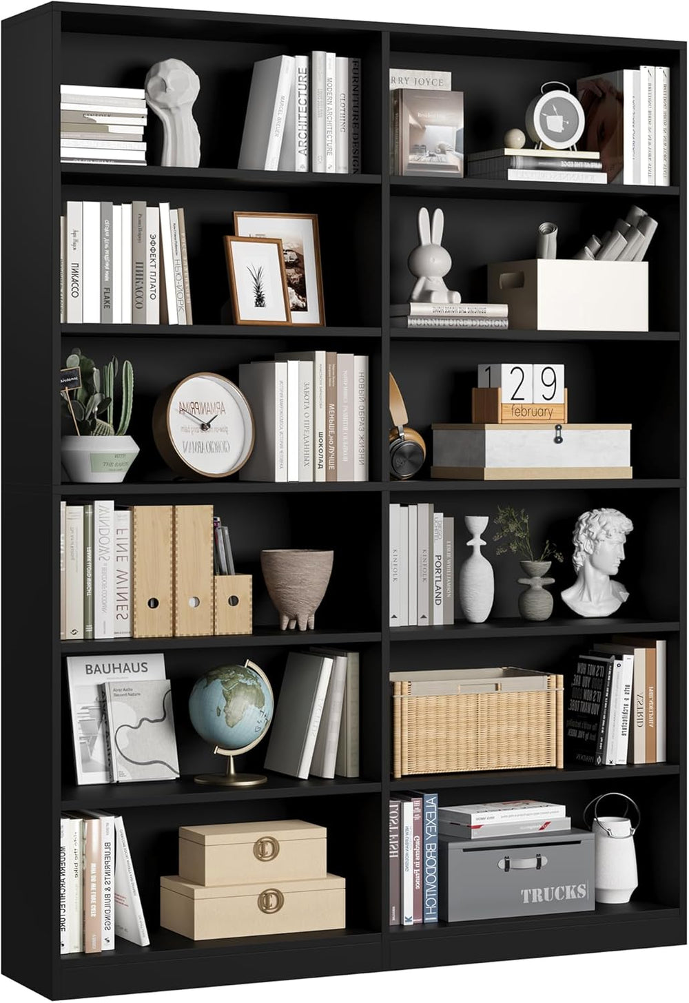 FACBOTALL Bookshelf Tall Bookcase, 6-Tier Double Wide Bookshelves, Black