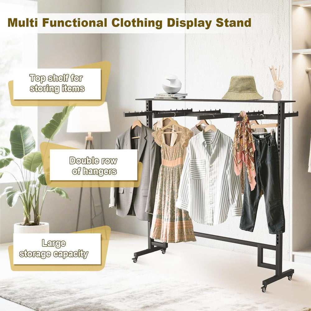 Retail Clothing Display Rack with Adjustable 8 Arms, on Wheels & Top Shelf