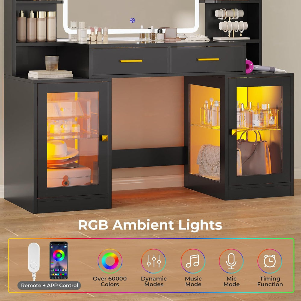 ADORNEVE Makeup Vanity with Mirror & Lights, Glass RGB Cabinets, Black | ...