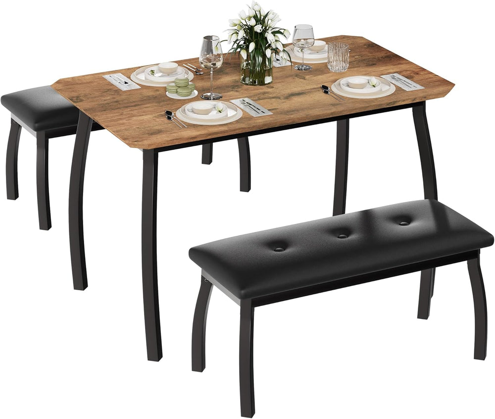 Dining Table for 4, 3-Piece Kitchen Table Set for 4 with Wooden Tabletop and ...