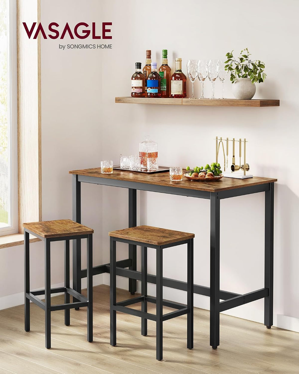VASAGLE Bar Table Set with 2 Bar Stools, Modern Basic