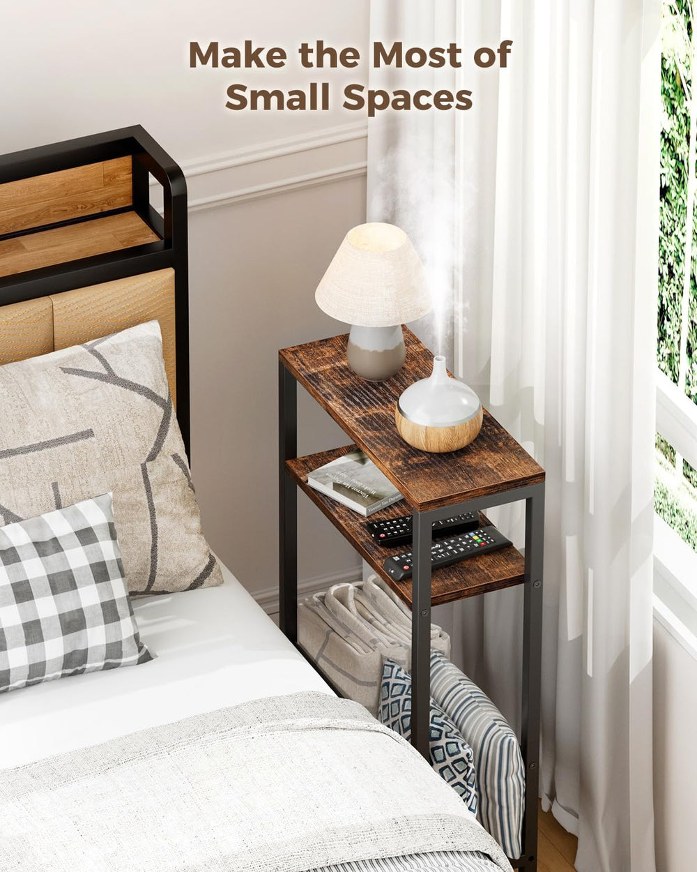 Karii Narrow Side Table, Skinny End Table for Small Spaces with Storage, 3-Ti...