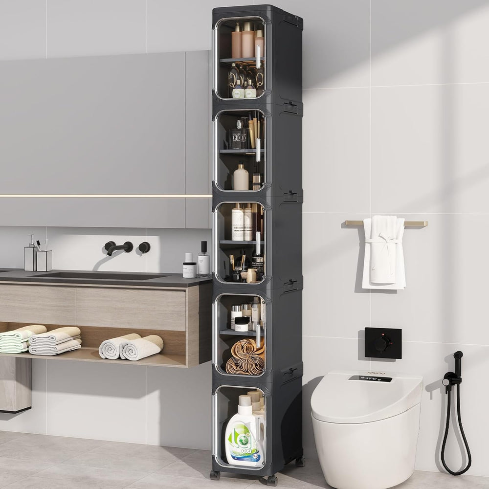 5 Tier Slim Bathroom Storage Cabinet, Foldable and Movable, Black | Tools Fre...