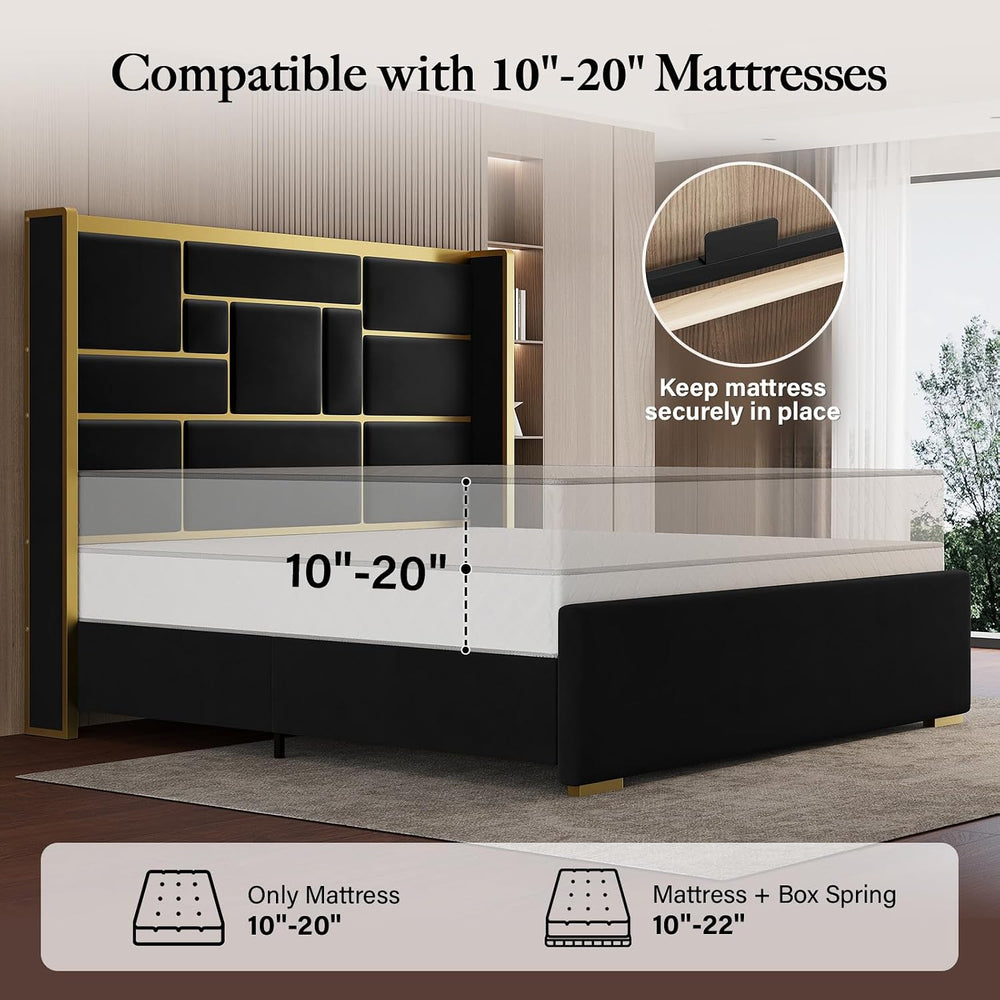 Queen Bed Frame with 55.12" Tall Headboard, Black and Gold