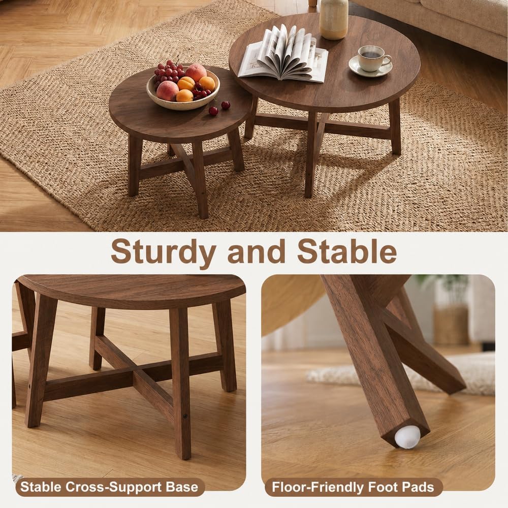 Set of 2 Round Nesting Coffee Tables,Walnut Tone | X-Shaped Frame, Stackable ...