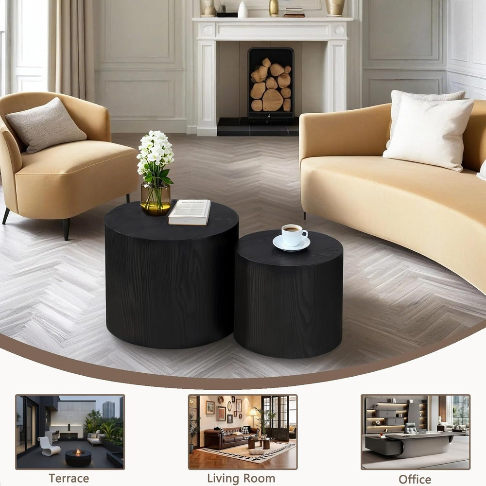 Nesting Coffee Table Set of 2, Modern Round Wood Side Table, Black | Nesting ...