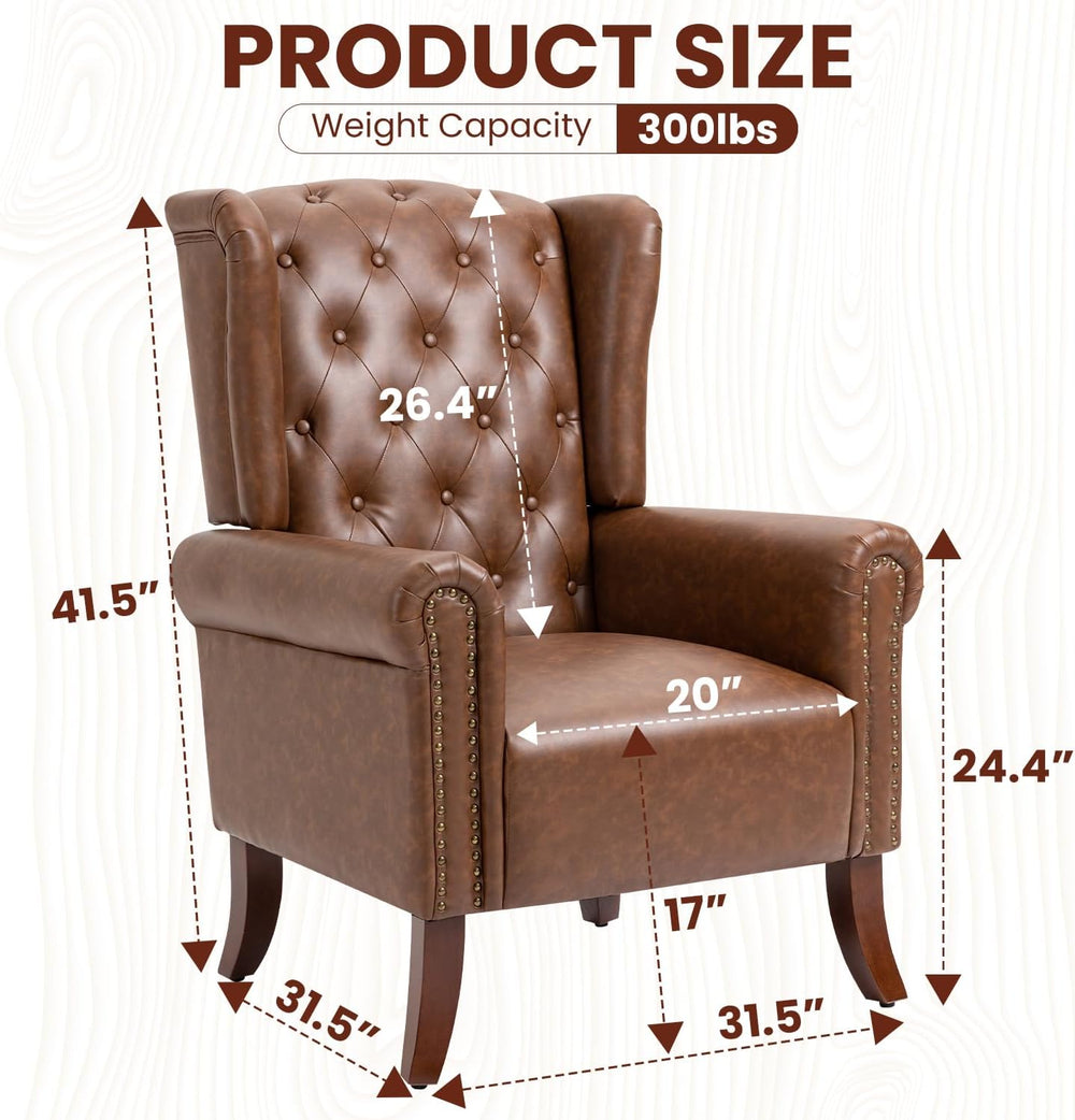 Faux Leather Accent Chair, Mid-Century Armchair Upholstered Club Sofa Chair w...
