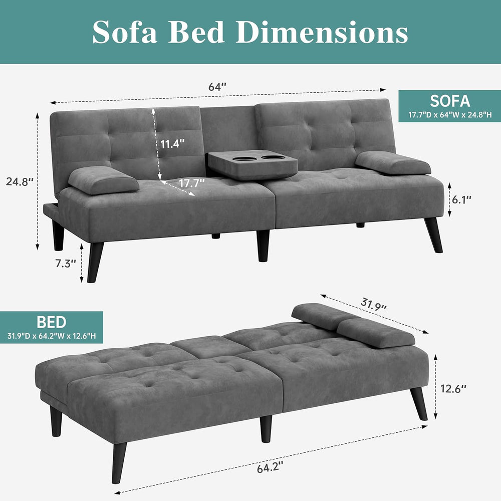 64" Futon Sofa Bed, Convertible Loveseat with 2 Cup Holders, Small Couch...