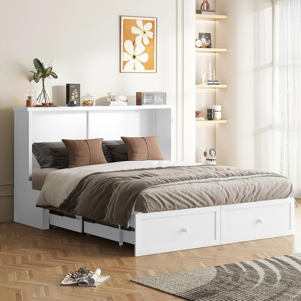 BALUS 63.3“W Murphy Bed Queen, Cabinet Bed with USB Ports & Large Storage...