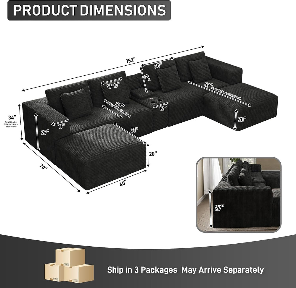 151" U Shaped Cloud Sectional Couch Modular Sofa, Comfy Oversized Couche...