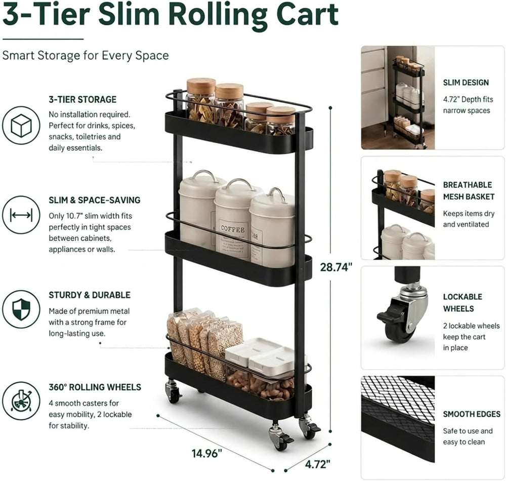 Narrow 3 Tier Rolling Cart, Slim Storage Cart for Bathroom Kitchen