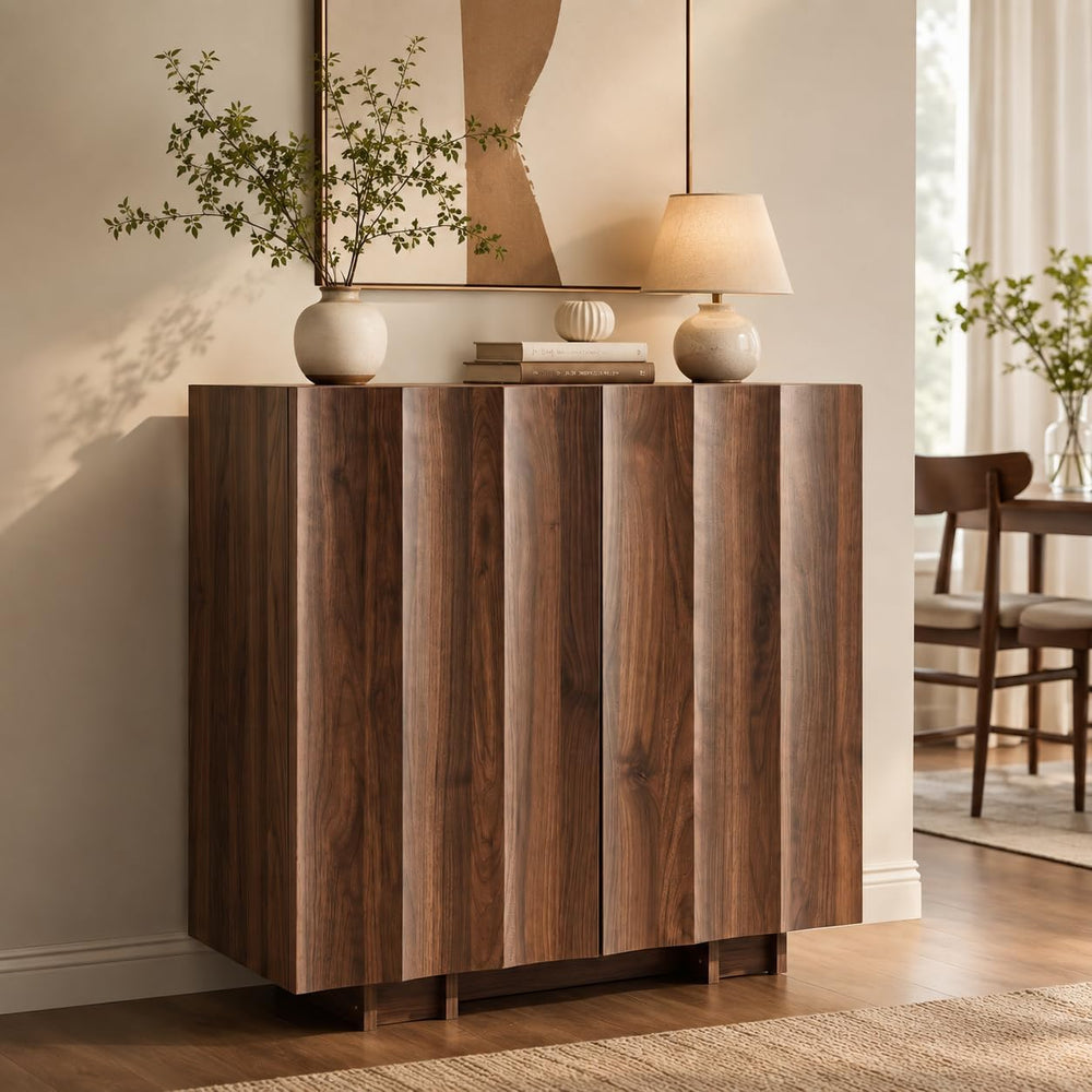win2win 30.8" Sideboard Buffet Cabinet with Storage, Walnut, Wave Design