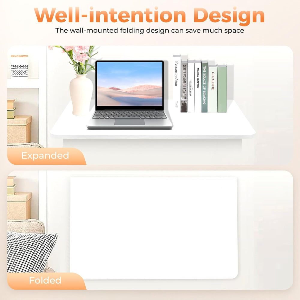 Wall Mounted Folding Desk, 24x16 Inch Floating Desk with Shelf Brackets, Spac...