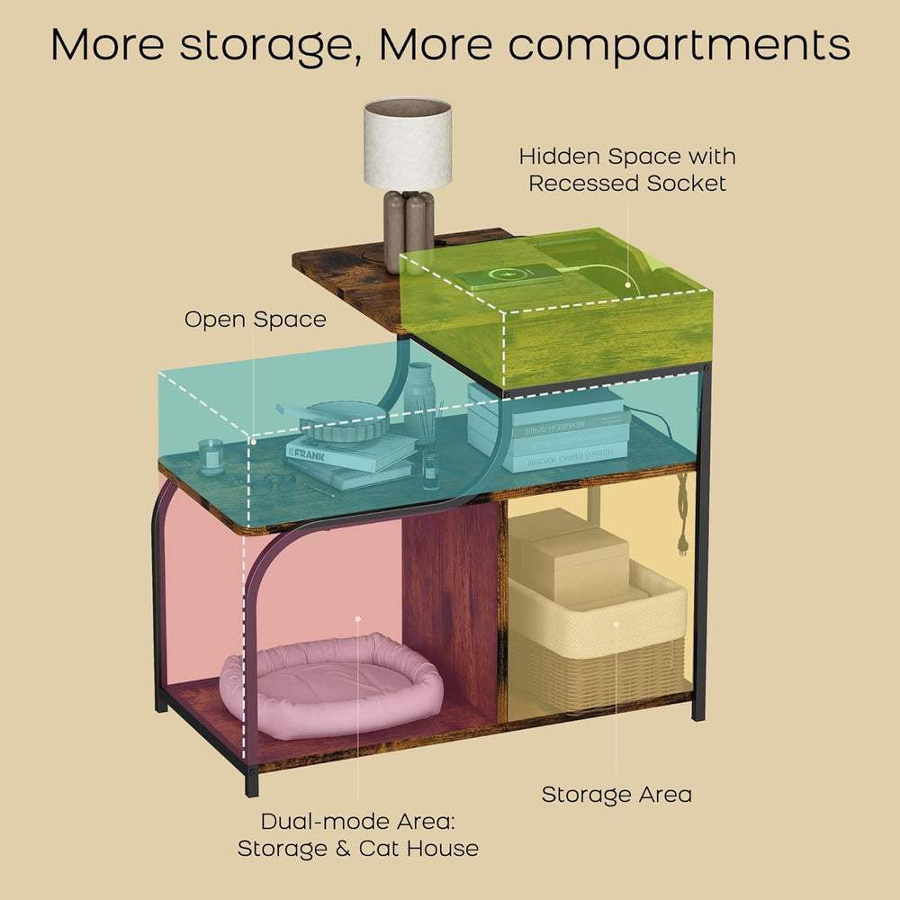 End Table with Charging Station, 3-Tier Sofa Side Table Sliding Top for Livin...