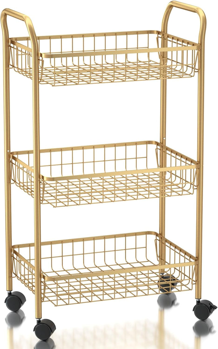 3 Tier Rolling Utility Cart, Storage Trolley Service Cart with Wheels Easy Assembly for Kitchen, Living Room, Office, Salon, Gold | Storage Trolley Service Cart with Lockable Wheels, Easy Assembly for Kitchen, Living Room, Office, Salon, Dorm