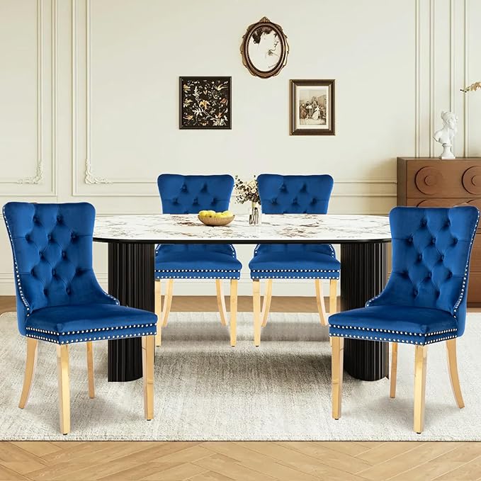 Velvet Upholstered Dining Chairs Set of 4, Modern Style Kitchen Side Chairs w...
