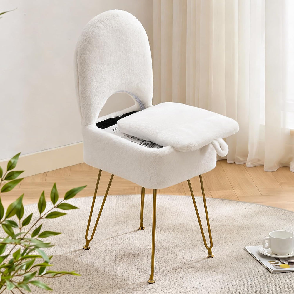 Gitrah White Vanity Chair with Storage, Folding Back Faux Fur Vanity Stool, M...