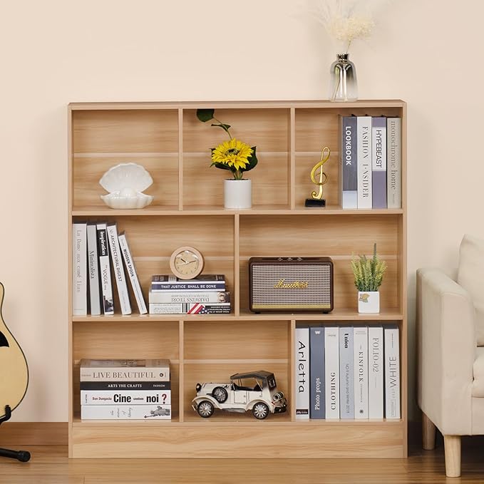 LEYAOYAO 8 Cube Bookshelf with Base,3 Tier Mid-Century Modern Natural Bookcas...
