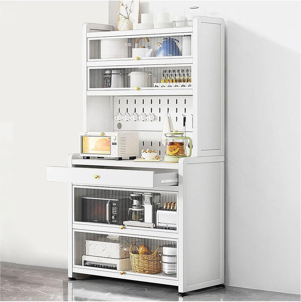 White Kitchen Pantry Cabinet with Microwave Stand Drawer Wheels and Ample Sto...