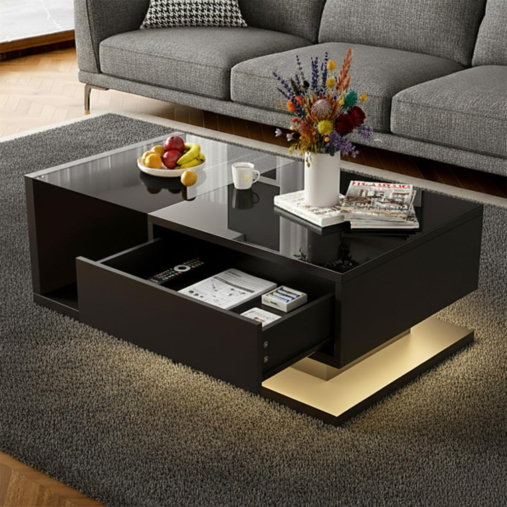 holzart Compact Low-Profile Coffee Table with LED Lights & Storage, 39.4&...