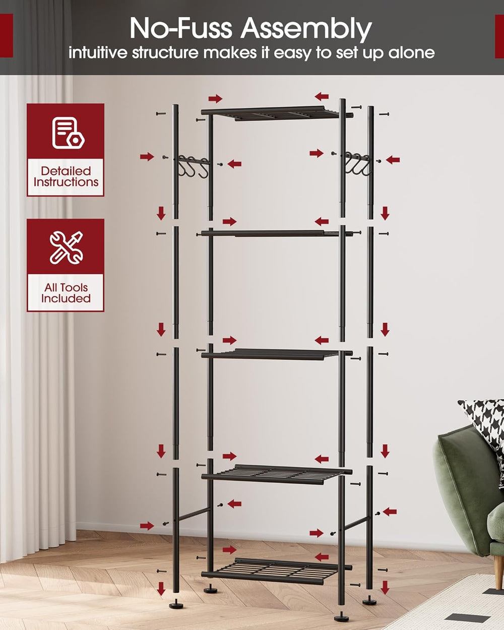 Sakugi Storage Shelves - 5-Tier Large Capacity Shelf Organizer with Hooks, He...