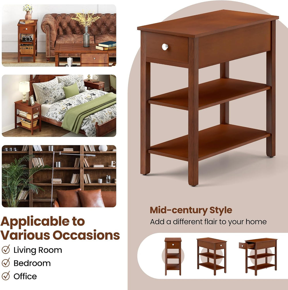 Giantex Narrow End Table Set of 2, Farmhouse Side Tables with Drawer & St...