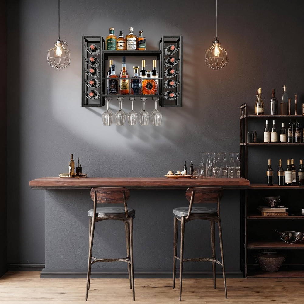 Wall Mount Wine Racks with Glass Holder, Metal Bottle Holder Glass Rack Wall ...