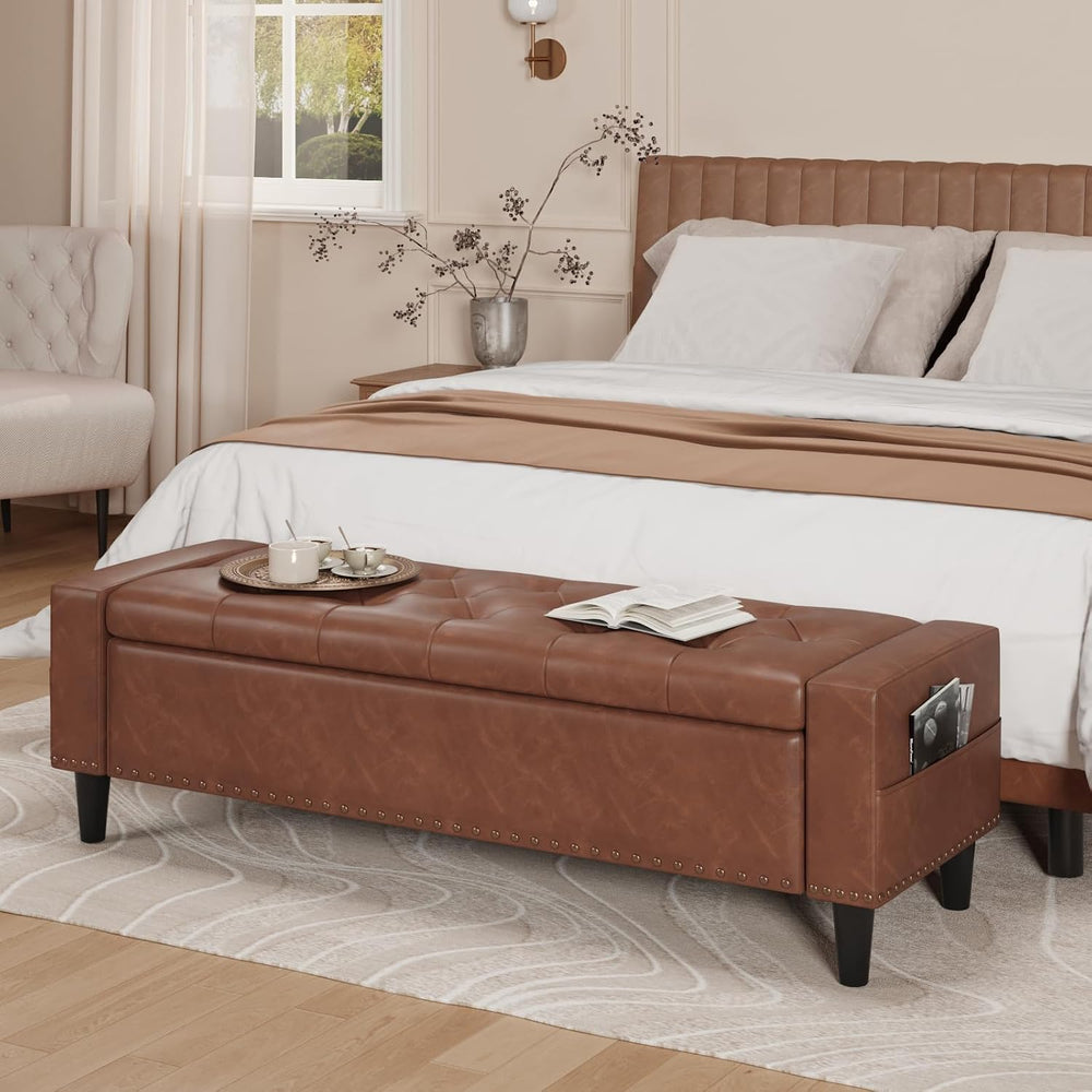 60" Storage Ottoman Bench, Faux Leather Upholstered Bed Bench, Brown | B...
