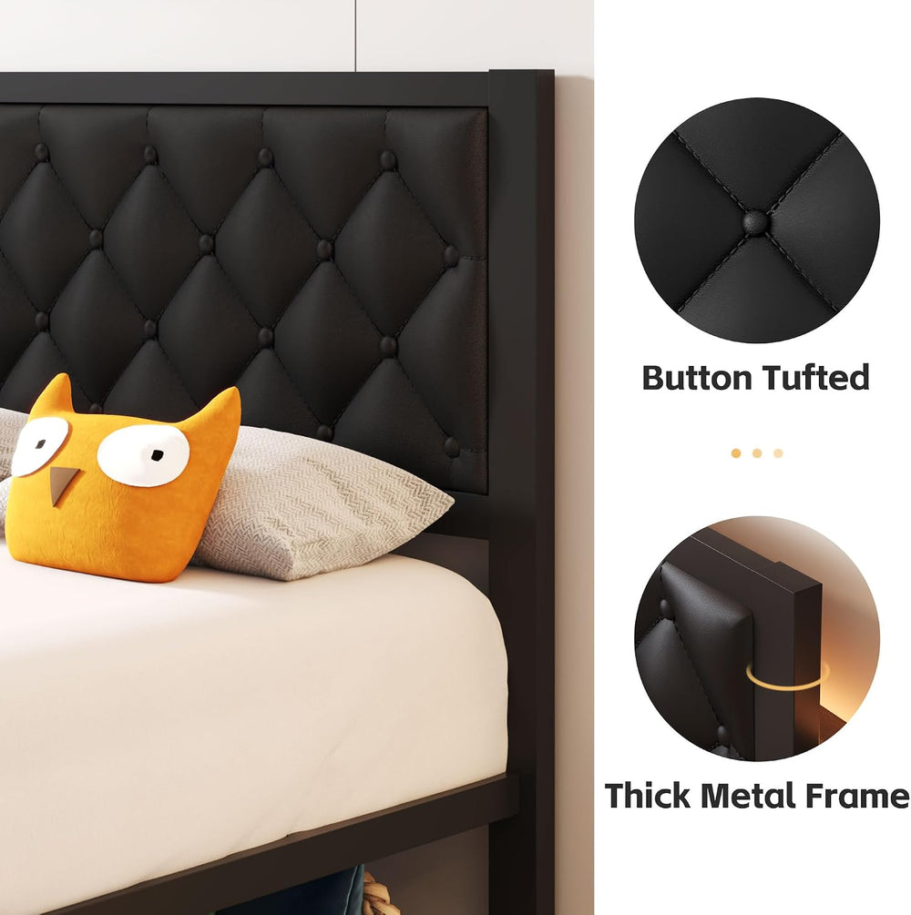 Fluest Twin Bed Frame with Headboard PU Leather Upholstered Bed Frame Platfor...