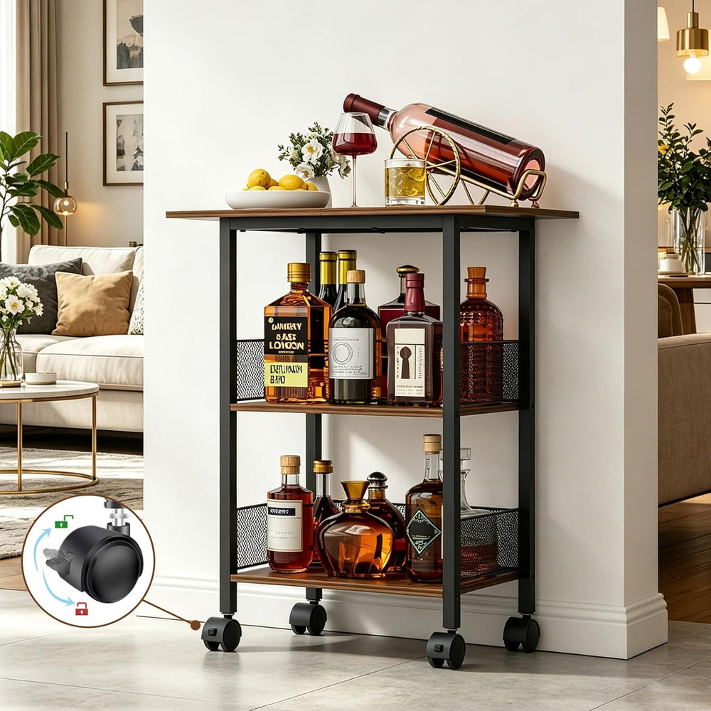 Bar Cart, Mobile 3-Tier Serving Cart with Lockable Wheels, Freestanding Wine ...
