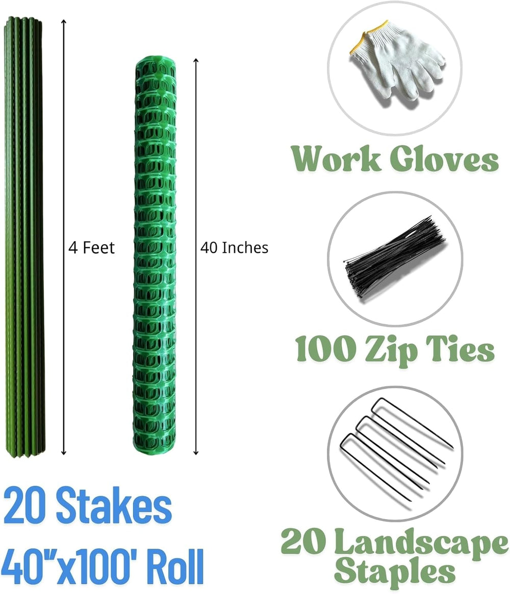 PotatoLife 40'' x 100', Green, Plastic Garden Fence with Stakes, ...
