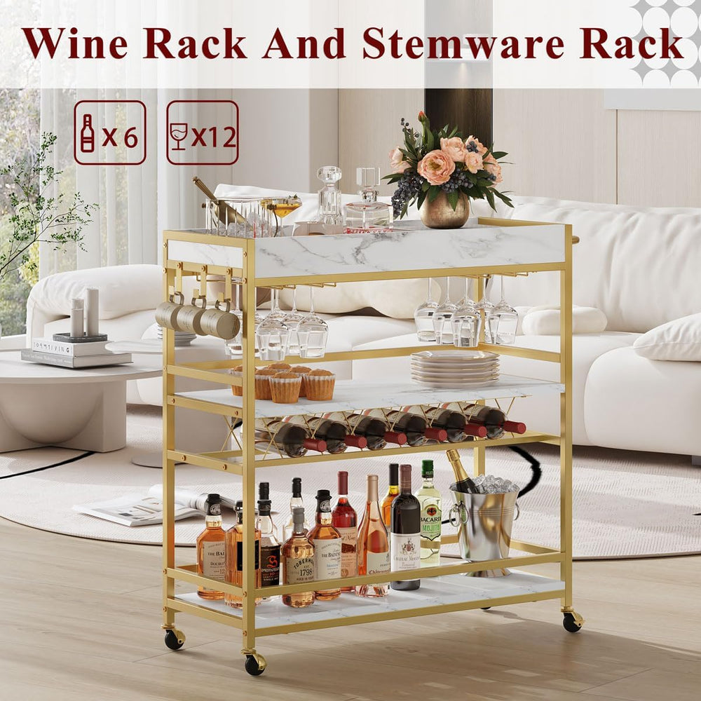 BON AUGURE Gold Bar Cart on Wheels for Home with Wine Rack & Glass Holder...