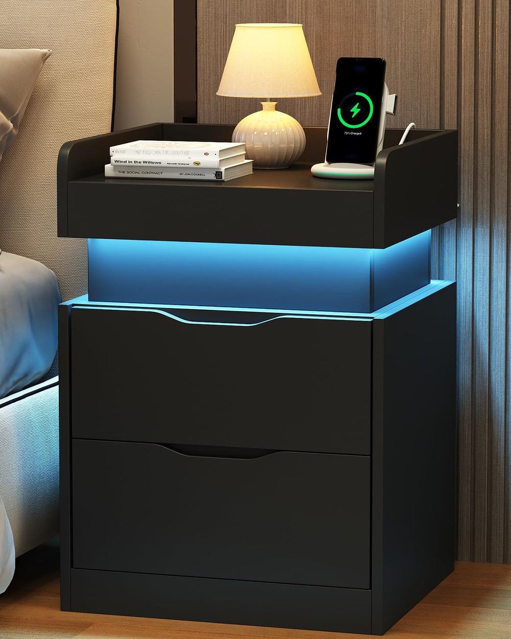 Modern Nightstand with Sliding Top, Night Stand with Charging Station and LED...