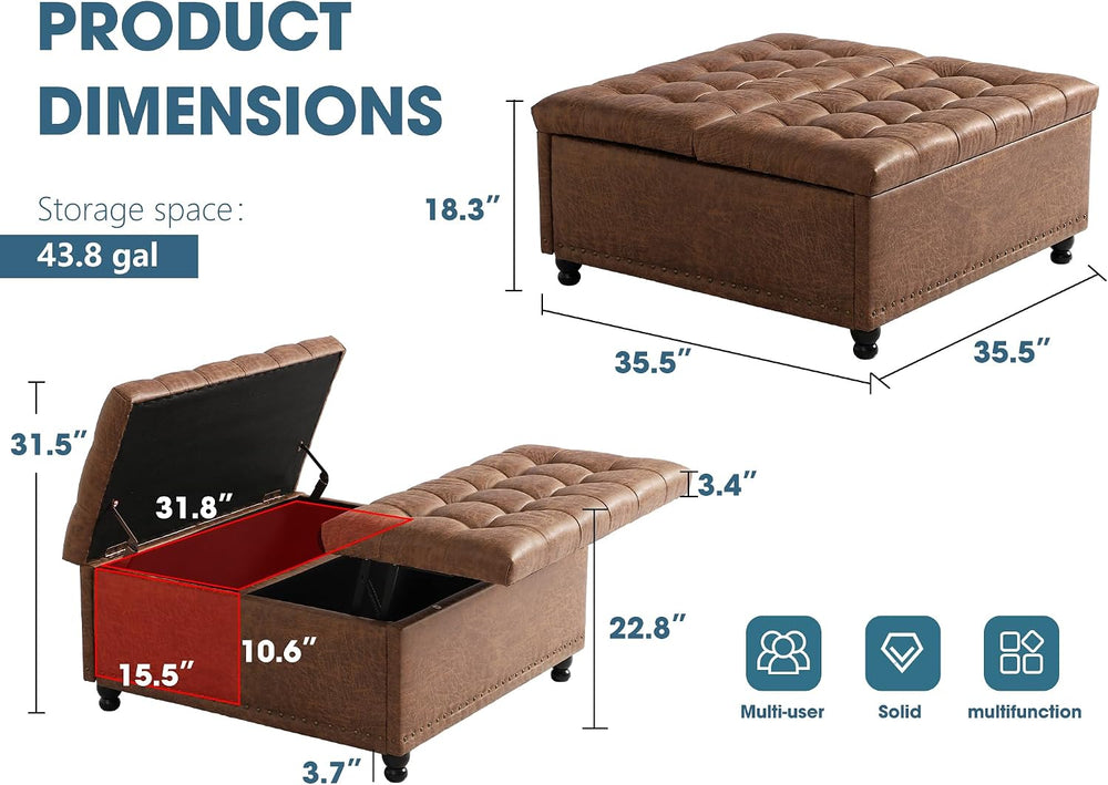 Grepatio 35.5" Large Square Storage Ottoman, Lift Top Ottoman Square Ben...