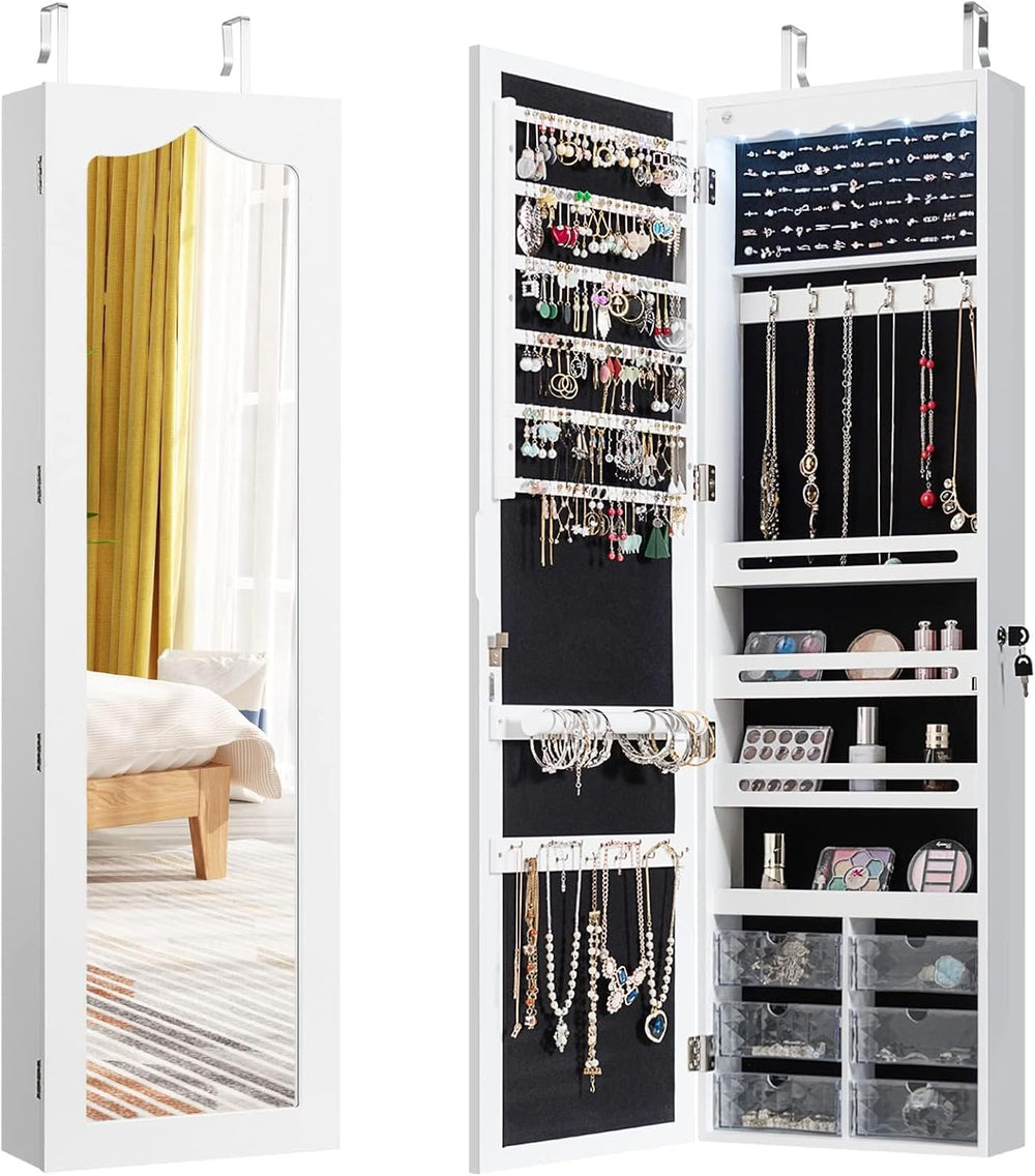 Hanging Jewellery Cabinet, Sail Cabinet with LED Lighting, Mirror and 6 Drawe...