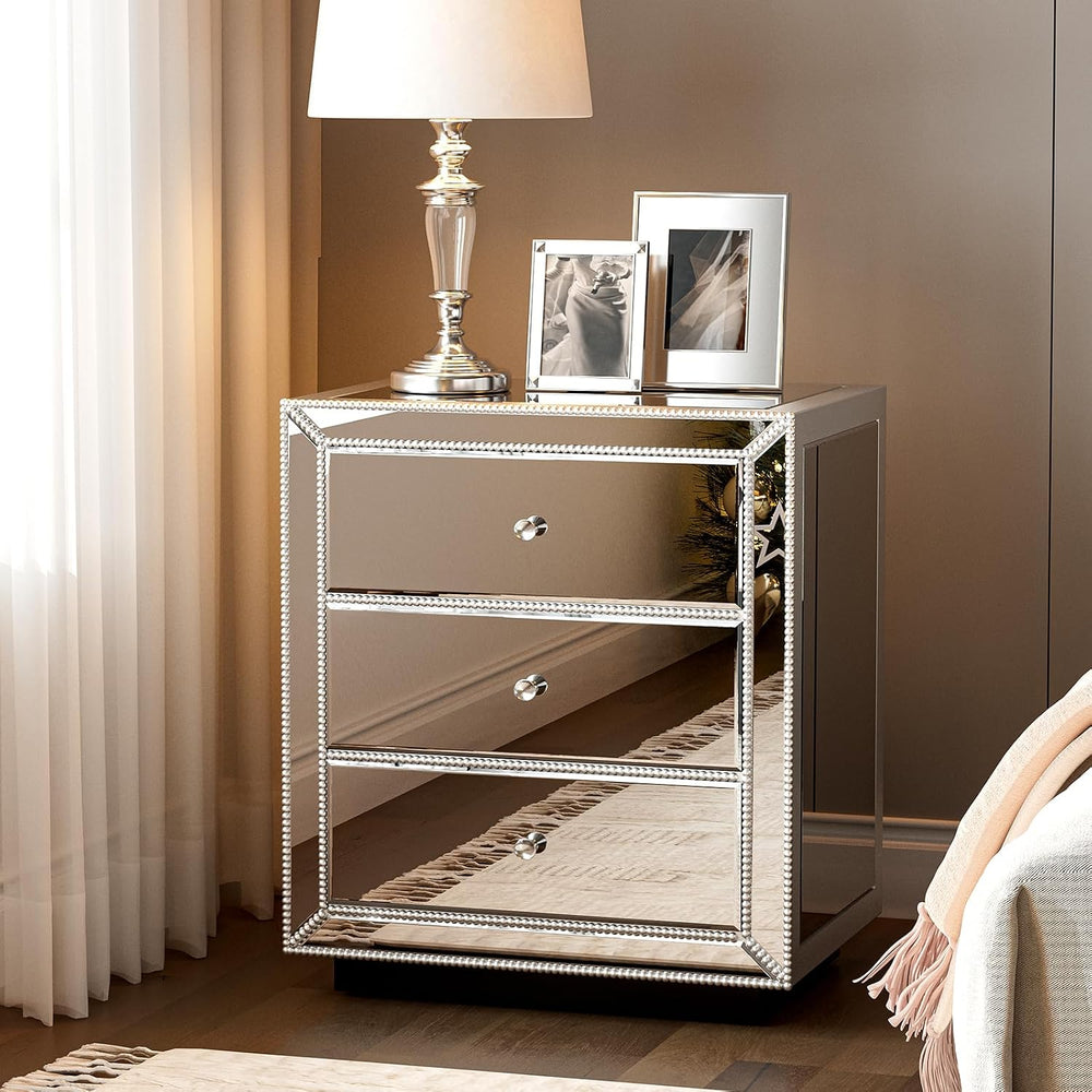 IKIFLY Mirrored Nightstand with 3 Drawers, Silver End Table with Crystal Hand...