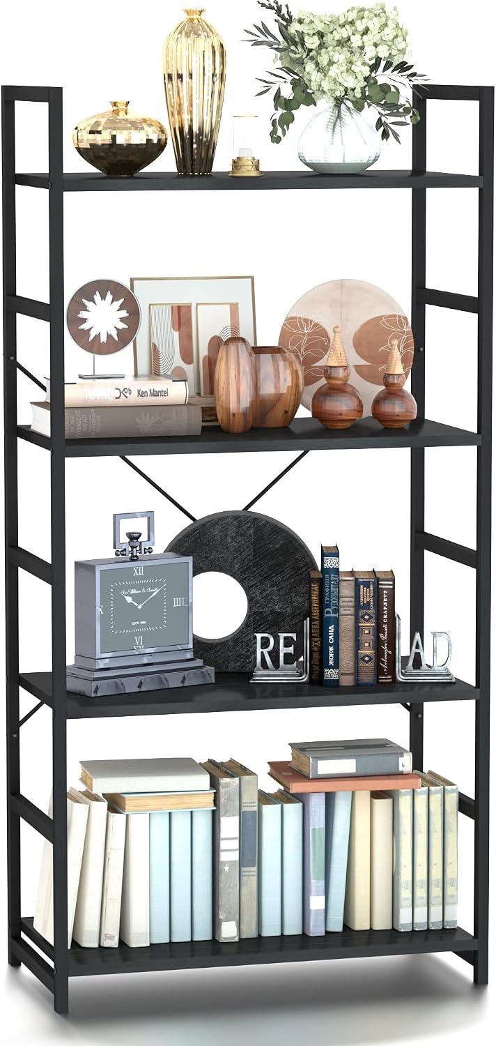 NUMENN 4 Tier Bookshelf, Tall Freestanding Open Storage Bookcase, Black
