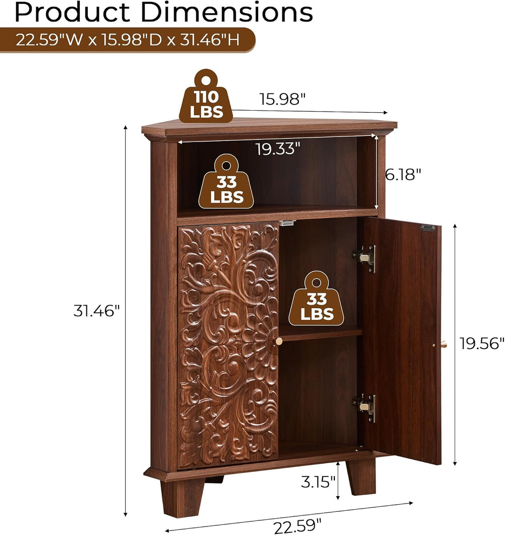 Corner Storage Cabinet, 31.5" Floral Accent Cabinet, Small Spaces, Walnut