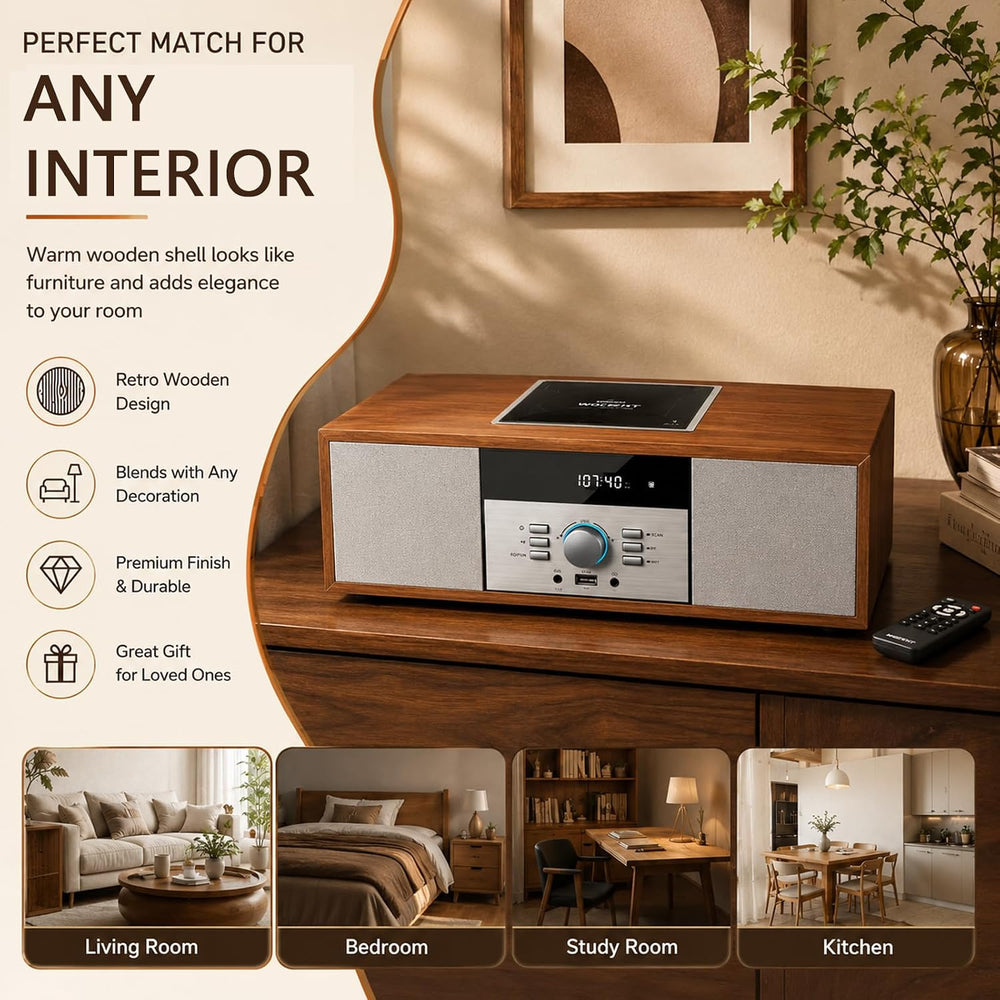 Nostalgic Bluetooth Stereo System for Home, WISCENT Vintage Micro HiFi System...