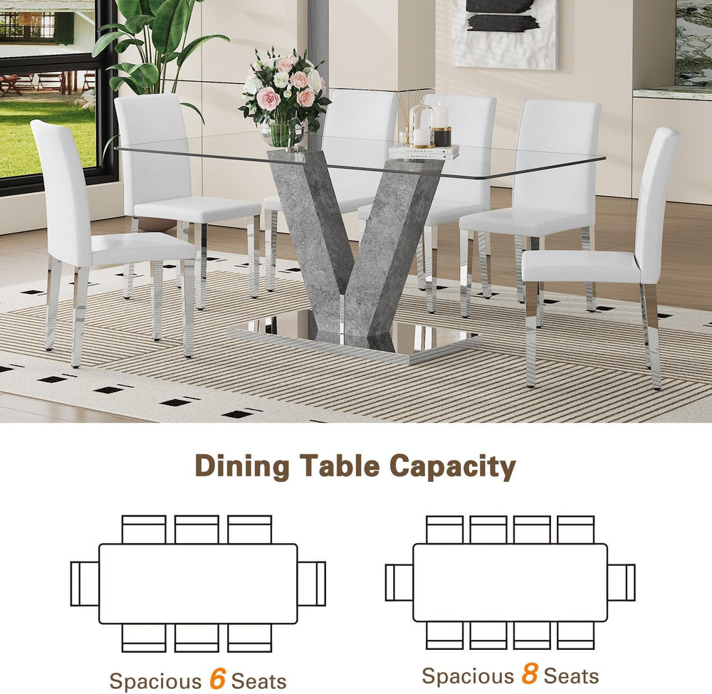 71" Modern Glass Dining Table Set for 6, 7-Piece Dining Table Set with C...