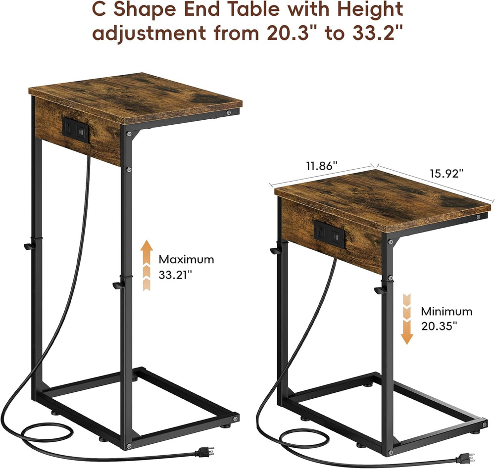 Vagusicc C Shaped End Table with Charging Station, Adjustable Height Side Tab...