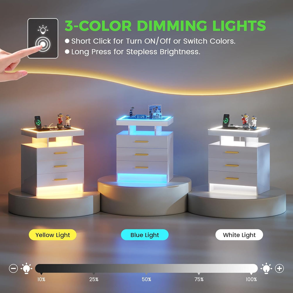HNEBC LED Nightstand with 3 Color Motion Sensor Lights for Bedroom,White | Sm...