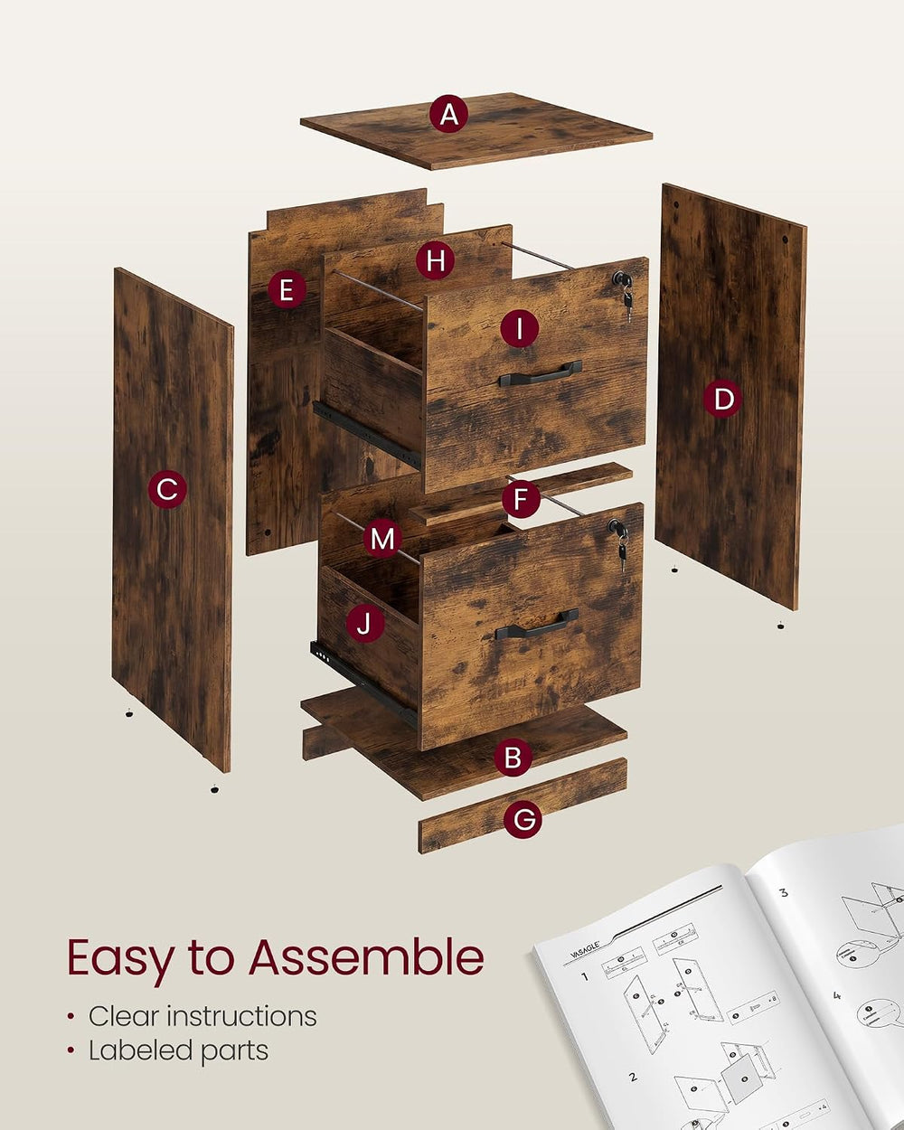 VASAGLE Custos Collection - 2 Drawers File Cabinet with Lock, Printer Stand, ...